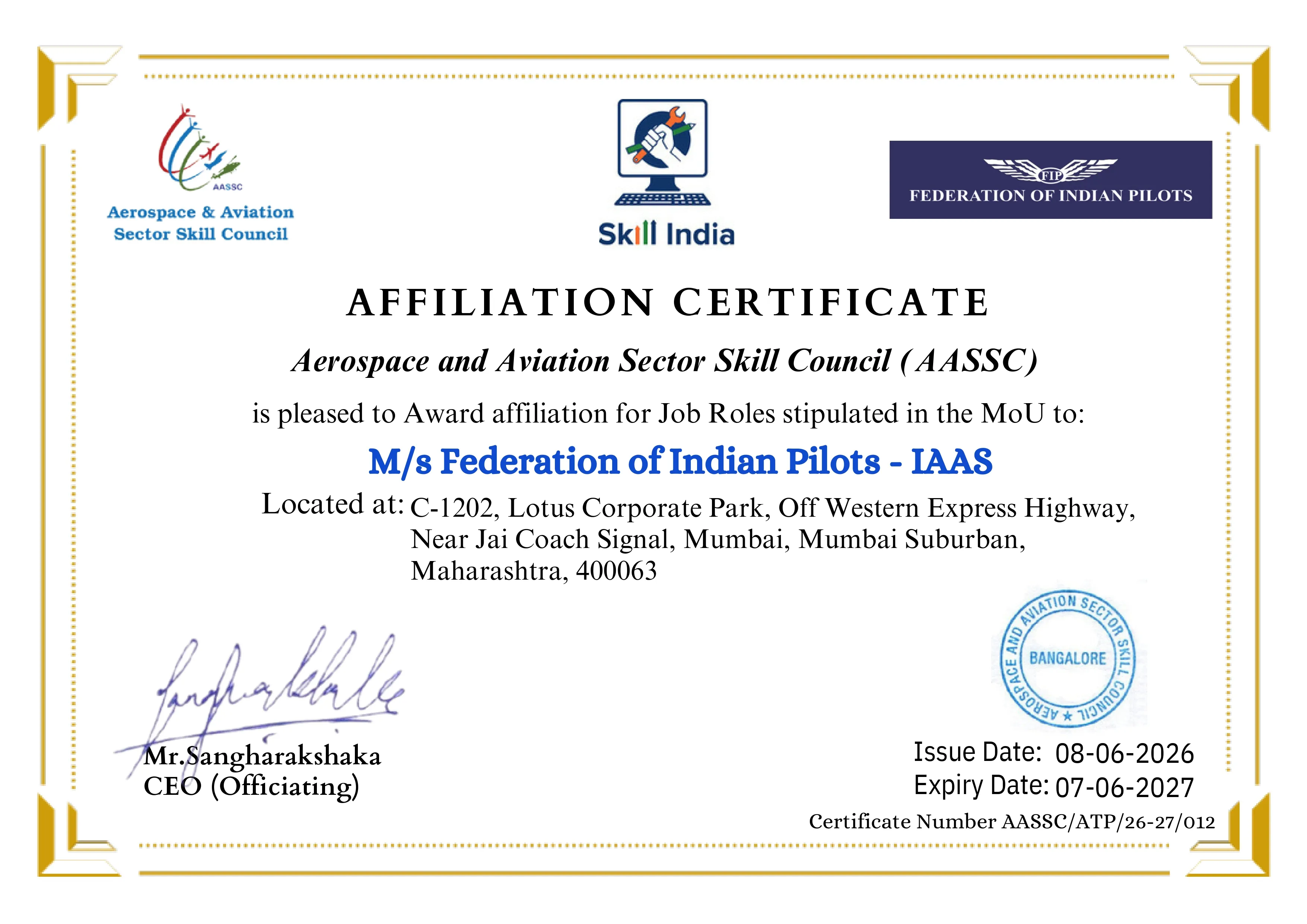 AASSC Affiliation Certificate - Federation of Indian Pilots IAAS